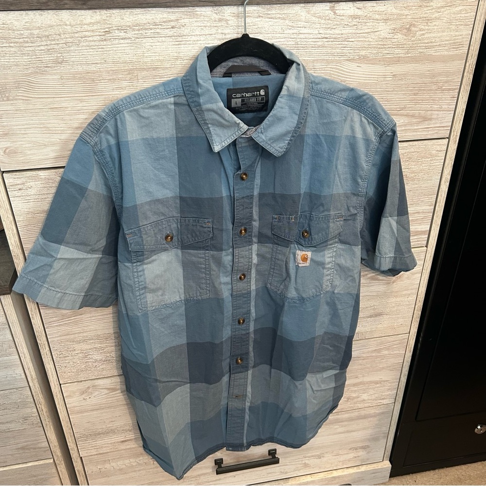 Carhartt Rugged Flex Relaxed Fit Lightweight Short Sleeve Blue Plaid Shirt sz L
